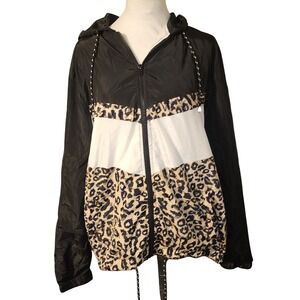 Louise Paris Womens Windbreaker Jacket Large Black Leopard Colorblock Full Zip
